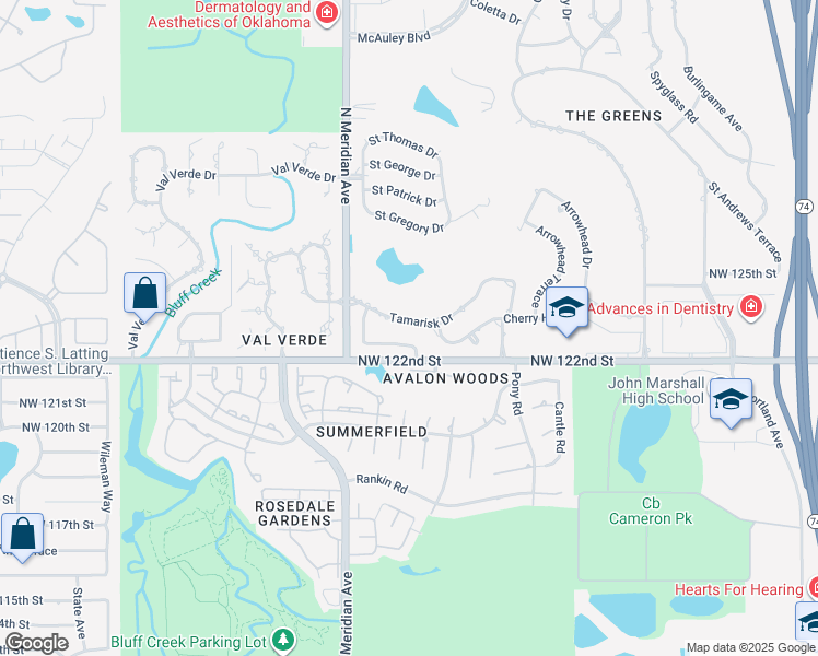 map of restaurants, bars, coffee shops, grocery stores, and more near 4300 Windsong Way in Oklahoma City