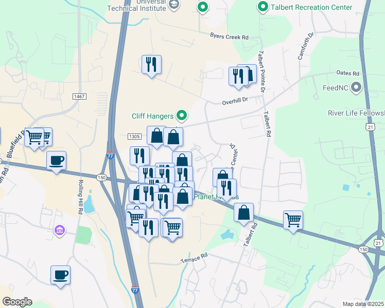 map of restaurants, bars, coffee shops, grocery stores, and more near 109 Lynch Circle in Mooresville