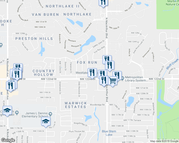 map of restaurants, bars, coffee shops, grocery stores, and more near 12412 Abbotts Way in Oklahoma City