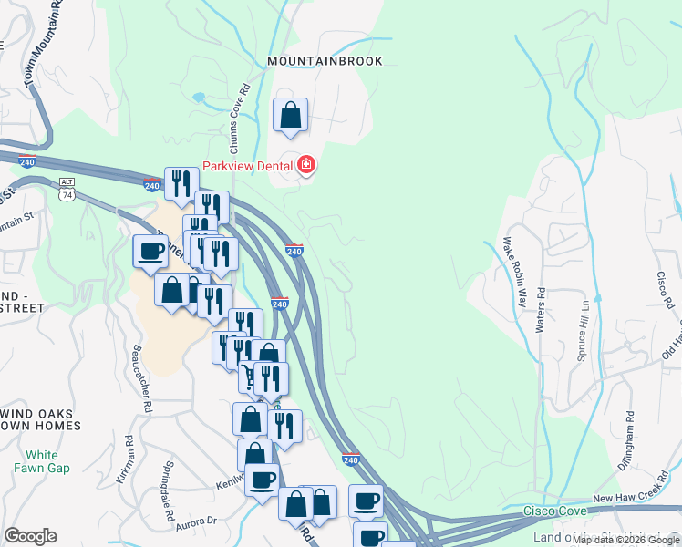 map of restaurants, bars, coffee shops, grocery stores, and more near 1040 Enclave Piney Lane in Asheville