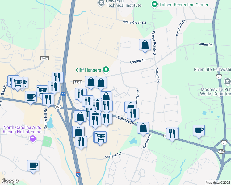 map of restaurants, bars, coffee shops, grocery stores, and more near 167 Portestowne Way in Mooresville