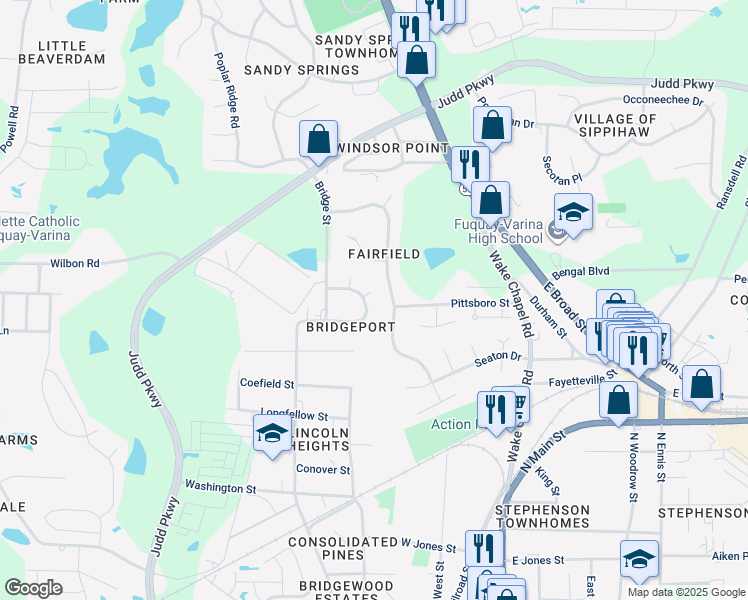 map of restaurants, bars, coffee shops, grocery stores, and more near 900 Span Place in Fuquay Varina