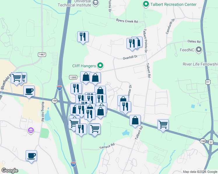 map of restaurants, bars, coffee shops, grocery stores, and more near 121 Delargy Circle in Mooresville
