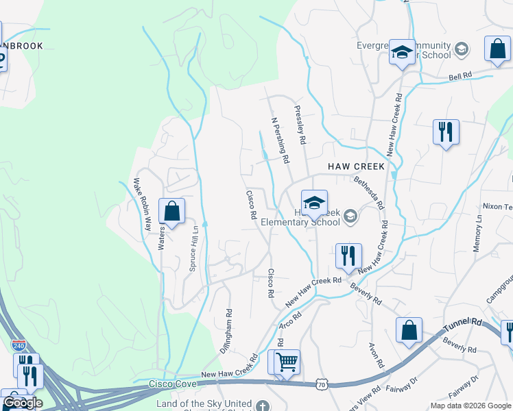 map of restaurants, bars, coffee shops, grocery stores, and more near 52 Cisco Road in Asheville