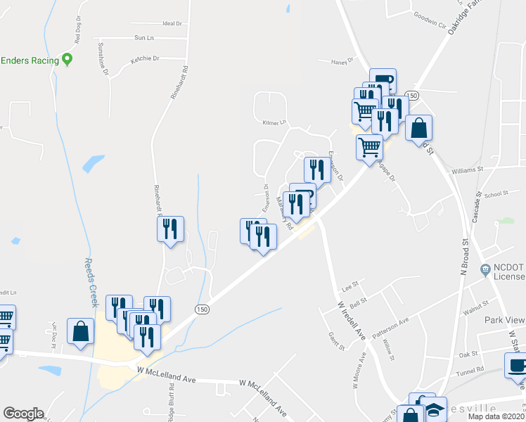 map of restaurants, bars, coffee shops, grocery stores, and more near 1041 Emerson Drive in Mooresville