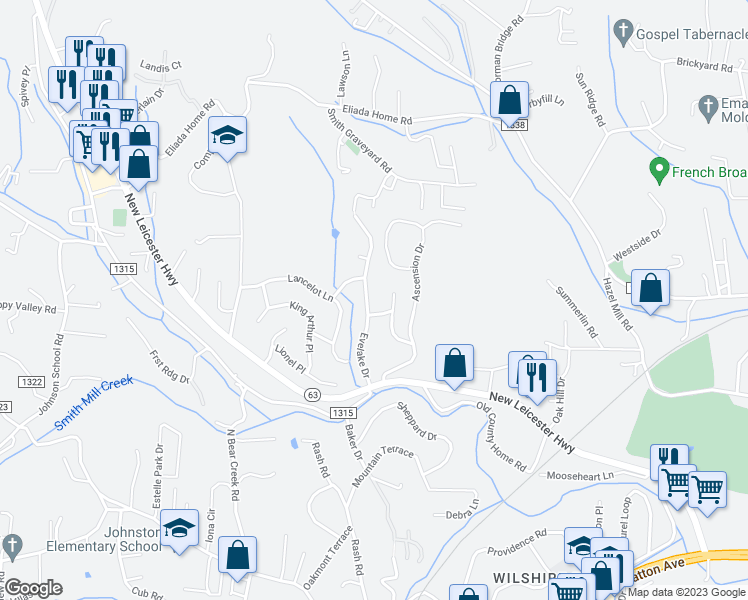 map of restaurants, bars, coffee shops, grocery stores, and more near 25 Evelake Drive in Asheville