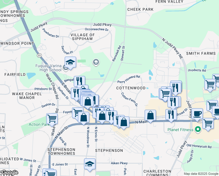 map of restaurants, bars, coffee shops, grocery stores, and more near 1016 Stewart Street in Fuquay Varina