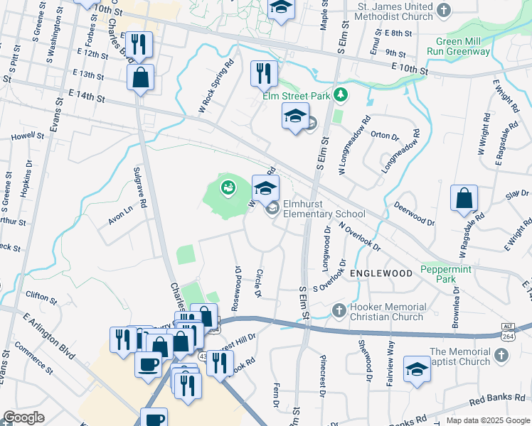 map of restaurants, bars, coffee shops, grocery stores, and more near 1815 West Berkley Road in Greenville