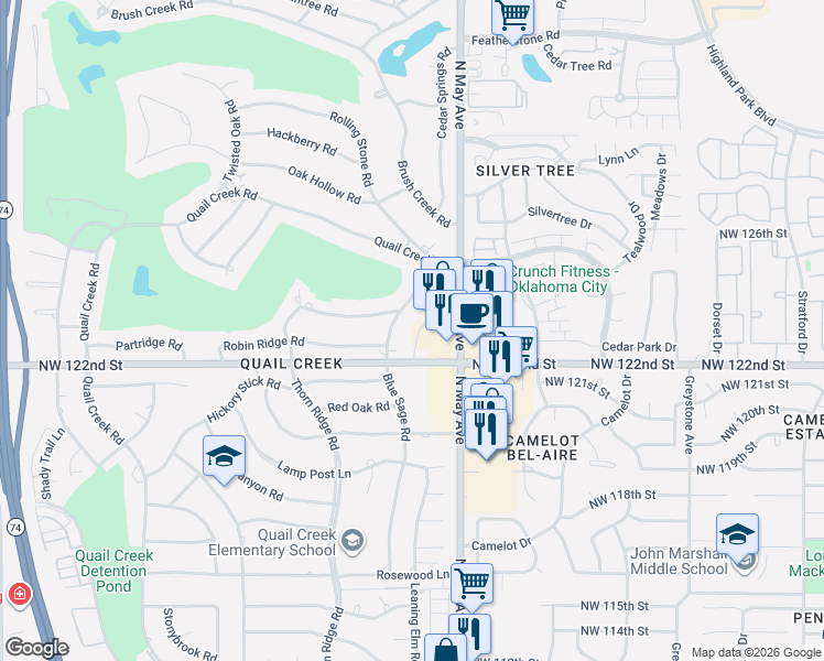 map of restaurants, bars, coffee shops, grocery stores, and more near 12408 Blue Sage Road in Oklahoma City