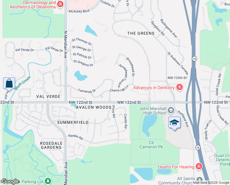 map of restaurants, bars, coffee shops, grocery stores, and more near 4132 Cherry Hill Lane in Oklahoma City