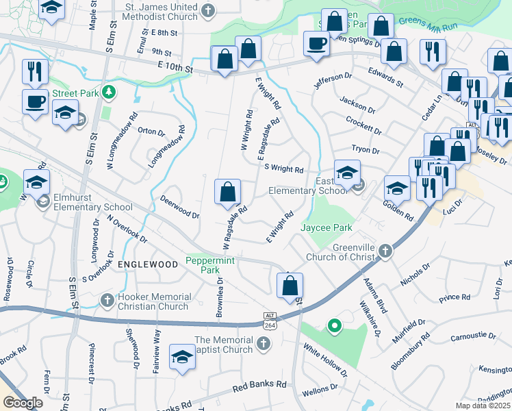 map of restaurants, bars, coffee shops, grocery stores, and more near 1303 West Ragsdale Road in Greenville