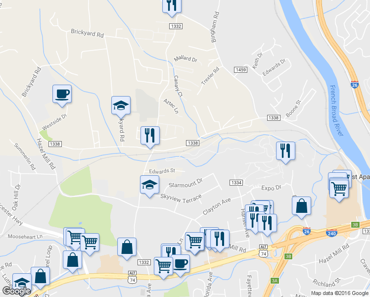map of restaurants, bars, coffee shops, grocery stores, and more near 486 Emma Road in Asheville