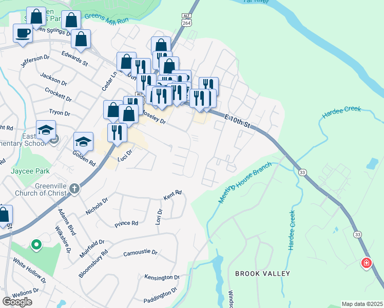 map of restaurants, bars, coffee shops, grocery stores, and more near 3201 Moseley Drive in Greenville