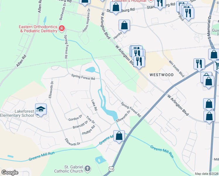 map of restaurants, bars, coffee shops, grocery stores, and more near 855 Spring Forest Road in Greenville