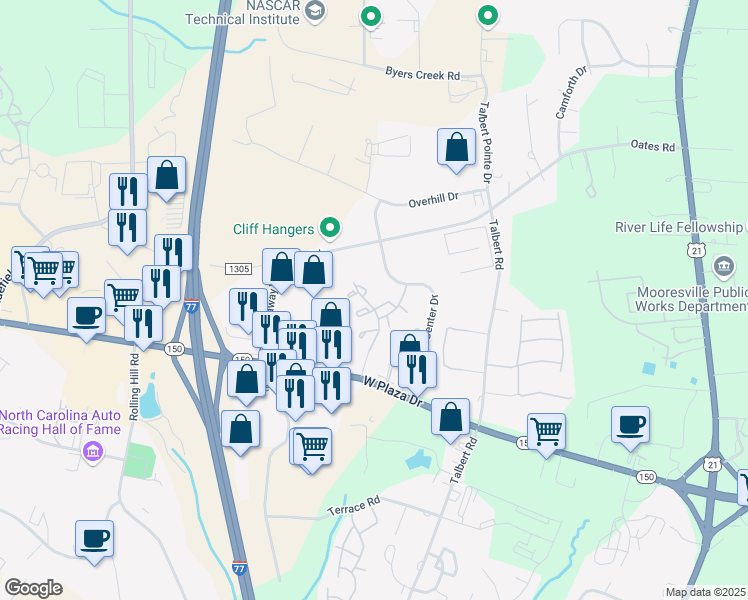map of restaurants, bars, coffee shops, grocery stores, and more near 126 Barnhardt Loop in Mooresville