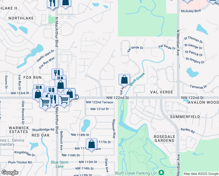 map of restaurants, bars, coffee shops, grocery stores, and more near 5200 Northwest 124th Street in Oklahoma City