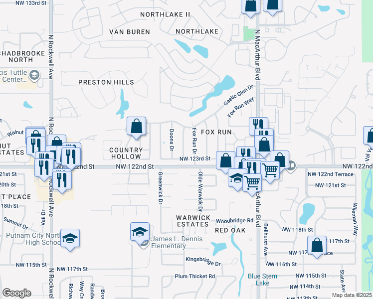 map of restaurants, bars, coffee shops, grocery stores, and more near 12412 Clarence Court in Oklahoma City