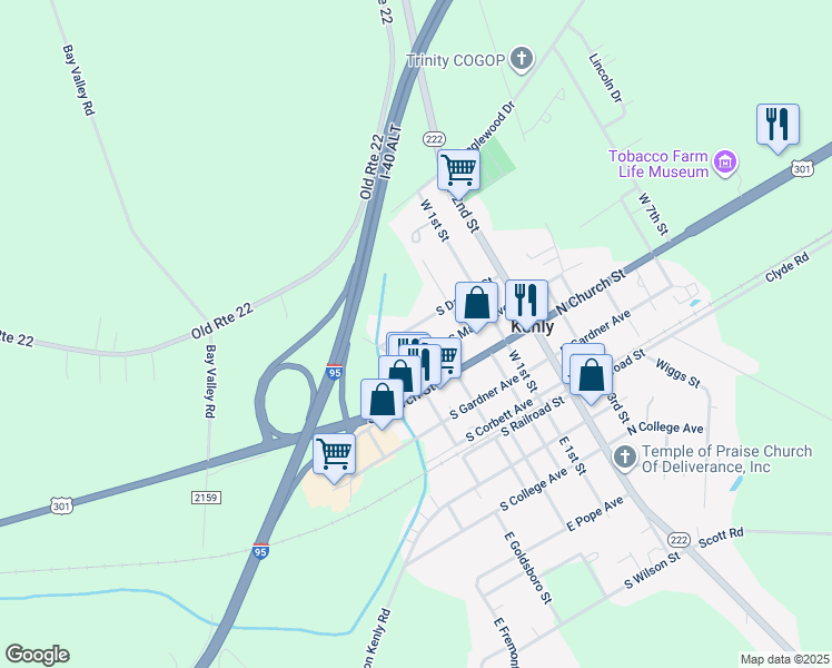 map of restaurants, bars, coffee shops, grocery stores, and more near 316 South Darden Street in Kenly