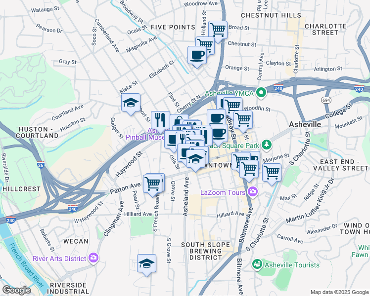 map of restaurants, bars, coffee shops, grocery stores, and more near 1 Page Avenue in Asheville