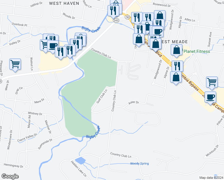 map of restaurants, bars, coffee shops, grocery stores, and more near 2202 Country Club Lane in Columbia