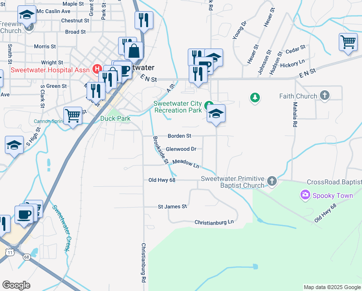 map of restaurants, bars, coffee shops, grocery stores, and more near 223 Borden Street in Sweetwater