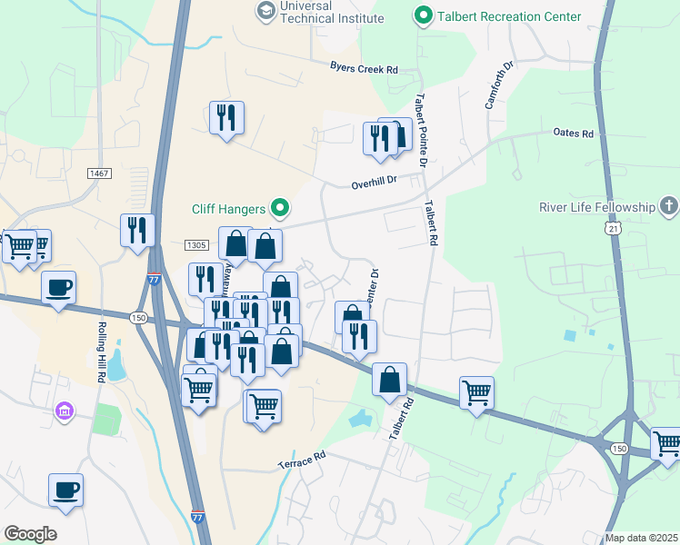 map of restaurants, bars, coffee shops, grocery stores, and more near 131 Summerwood Drive in Mooresville