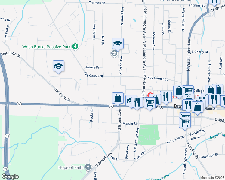 map of restaurants, bars, coffee shops, grocery stores, and more near 127 North Grand Avenue in Brownsville