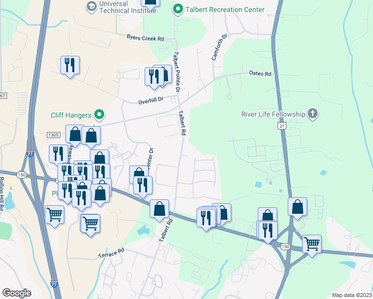map of restaurants, bars, coffee shops, grocery stores, and more near 153 Talbert Road in Mooresville