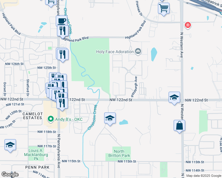 map of restaurants, bars, coffee shops, grocery stores, and more near 12321 Edison Drive in Oklahoma City