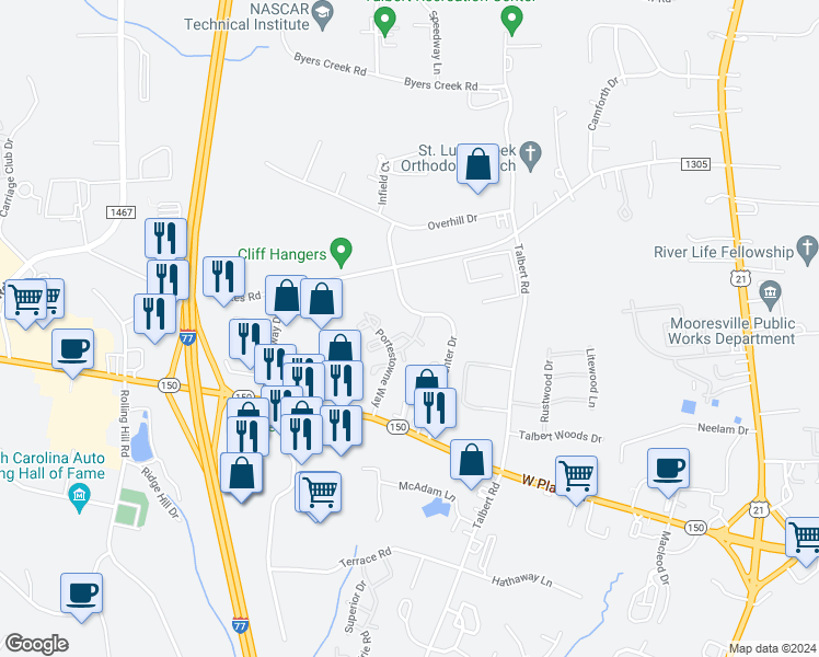 map of restaurants, bars, coffee shops, grocery stores, and more near 127 Summerwood Dr in Mooresville