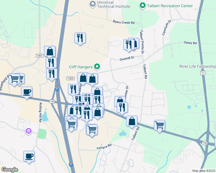 map of restaurants, bars, coffee shops, grocery stores, and more near 164 Portestowne Way in Mooresville
