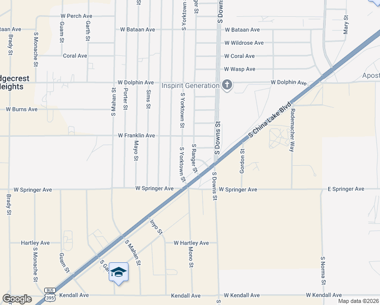 map of restaurants, bars, coffee shops, grocery stores, and more near 1529 South Ranger Street in Ridgecrest