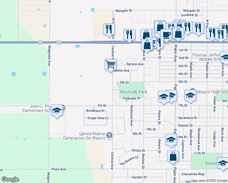 map of restaurants, bars, coffee shops, grocery stores, and more near 2780 Central Park Drive in Wasco