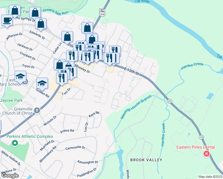 map of restaurants, bars, coffee shops, grocery stores, and more near 3201 Moseley Drive in Greenville