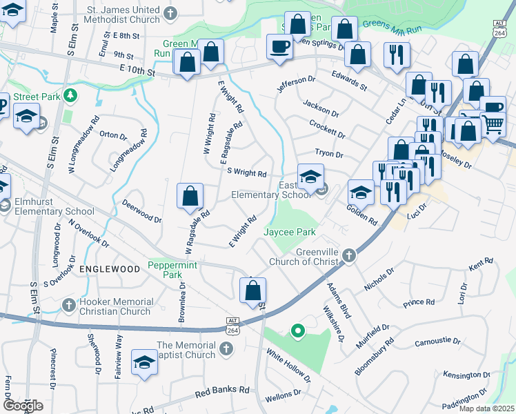 map of restaurants, bars, coffee shops, grocery stores, and more near 2410 Slay Drive in Greenville