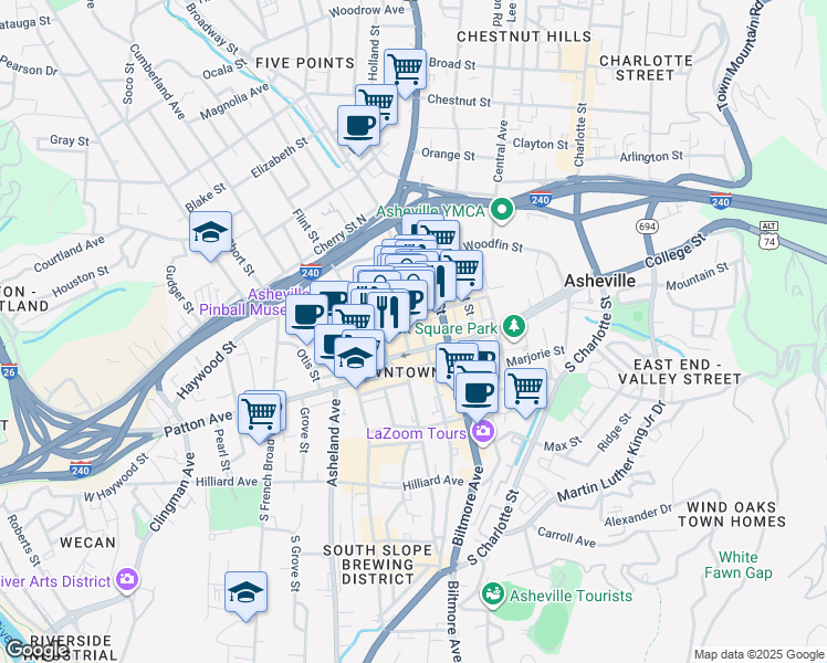 map of restaurants, bars, coffee shops, grocery stores, and more near 68 Rankin Avenue in Asheville