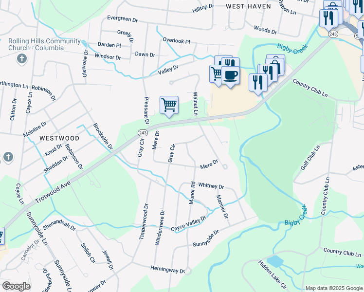 map of restaurants, bars, coffee shops, grocery stores, and more near 2704 Gray Circle in Columbia
