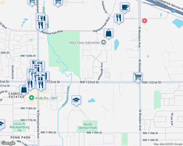 map of restaurants, bars, coffee shops, grocery stores, and more near 12416 Nittany Drive in Oklahoma City