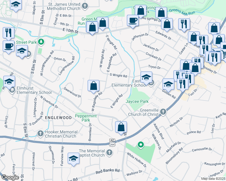 map of restaurants, bars, coffee shops, grocery stores, and more near 1302 Cotten Road in Greenville