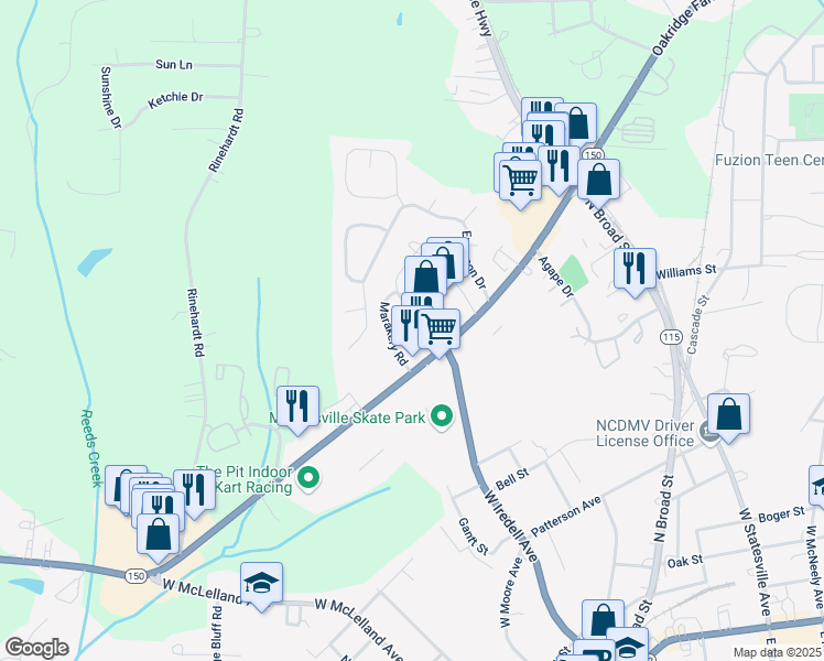map of restaurants, bars, coffee shops, grocery stores, and more near 115 Limerick Road in Mooresville