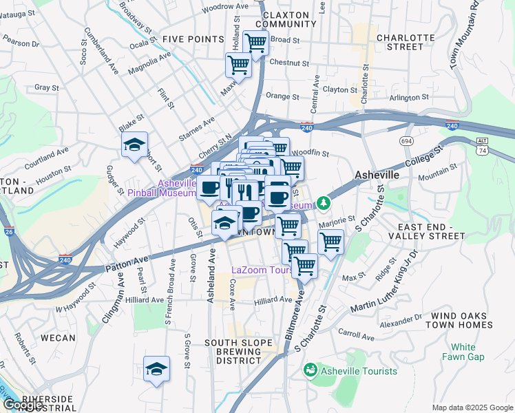 map of restaurants, bars, coffee shops, grocery stores, and more near 68 Rankin Avenue in Asheville