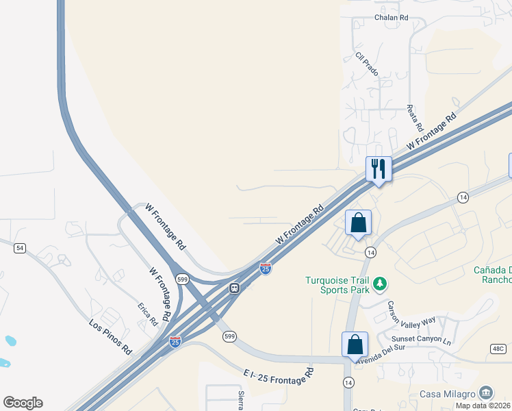 map of restaurants, bars, coffee shops, grocery stores, and more near 27633 A I-25 W Frontage Road in Santa Fe