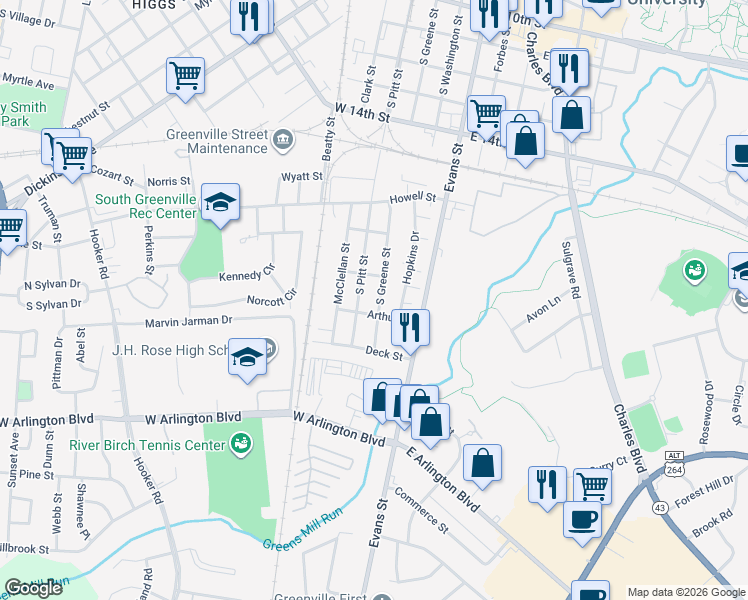 map of restaurants, bars, coffee shops, grocery stores, and more near 1802 South Greene Street in Greenville