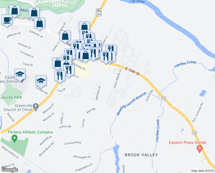 map of restaurants, bars, coffee shops, grocery stores, and more near 3324 Moseley Drive in Greenville