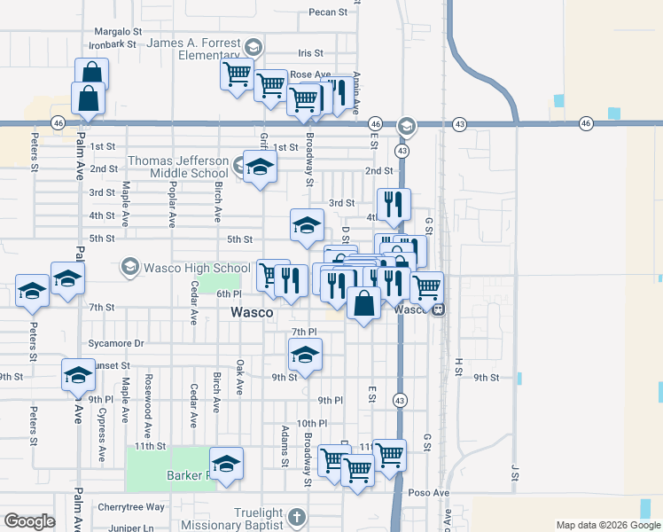 map of restaurants, bars, coffee shops, grocery stores, and more near 517 D Street in Wasco
