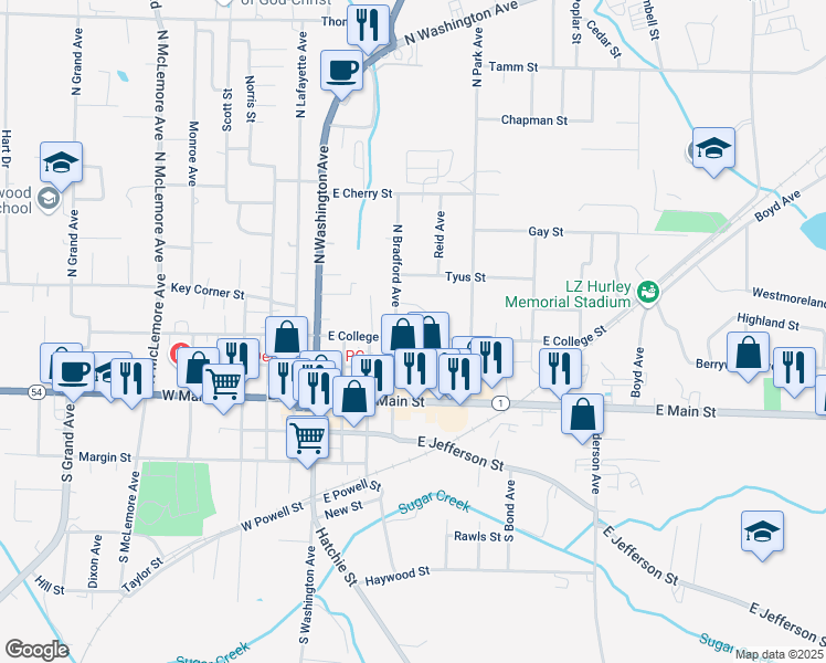 map of restaurants, bars, coffee shops, grocery stores, and more near 261 North Bradford Avenue in Brownsville
