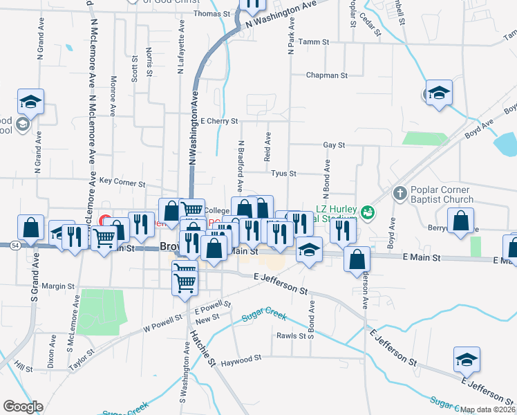 map of restaurants, bars, coffee shops, grocery stores, and more near 403 East College Street in Bells