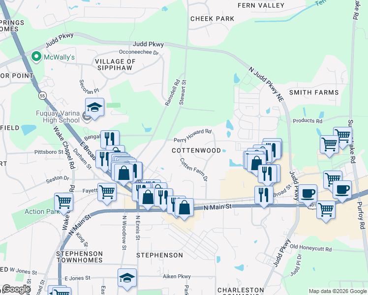 map of restaurants, bars, coffee shops, grocery stores, and more near 1216 Cotten Farm Drive in Fuquay-Varina