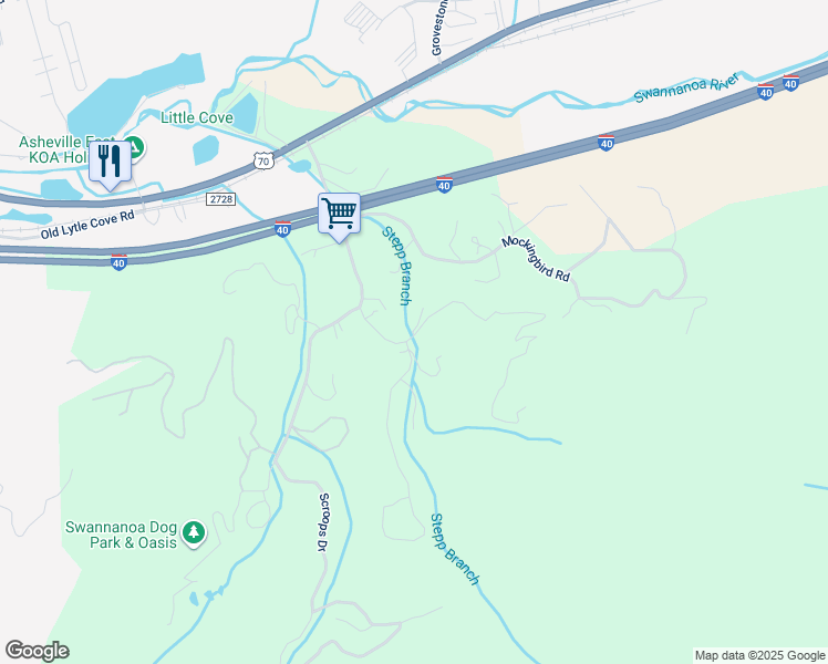 map of restaurants, bars, coffee shops, grocery stores, and more near 15 Silverado Way in Swannanoa