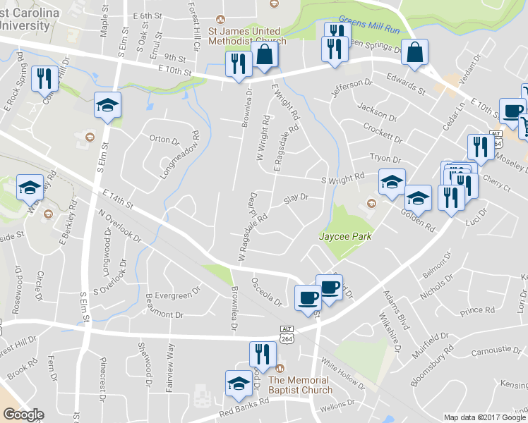 map of restaurants, bars, coffee shops, grocery stores, and more near 1306 West Ragsdale Road in Greenville